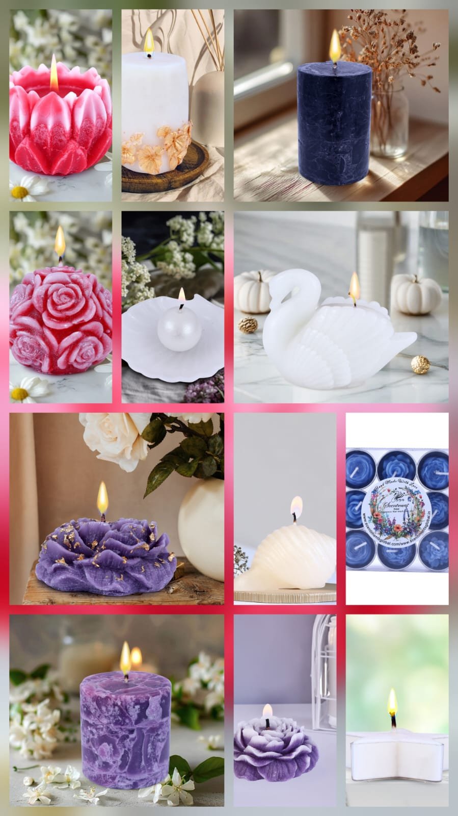Scentiments Global white label scented candles elegantly arranged with fresh red roses and pink lilies